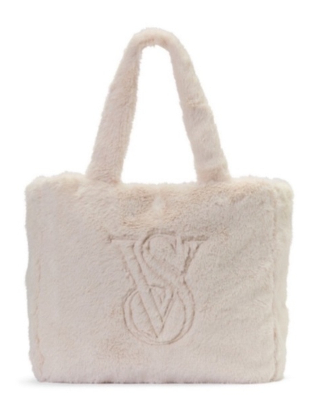 Victoria's Secret Cream Faux Fur Tote Bag with Embossed VS Logo